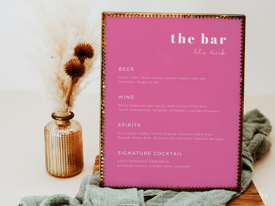 Menu Sign Pink Retro Pink Wedding Bar Menu Sign Template | FARRAH Collection - Etsy Canada