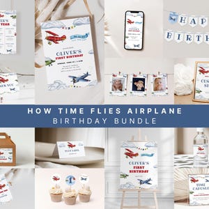 Airplane First Birthday Bundle Template for Vintage Plane Aviation Boy Airplane 1st Birthday Invitation Bundle Set | PERCY Collection