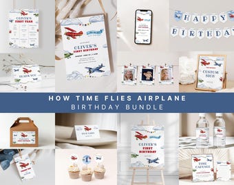 May include: A collection of airplane-themed birthday party decorations. Includes invitations, banners, signs, cupcake toppers, water bottle labels, and thank you tags. The theme features red, blue, and green airplanes with clouds and the text "Oliver's First Birthday".