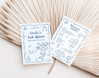 Last Splash Bachelorette Itinerary & Invite Template for Blue Coastal Mermaid Beach Bachelorette Weekend Invitation | ANDRINA Collection