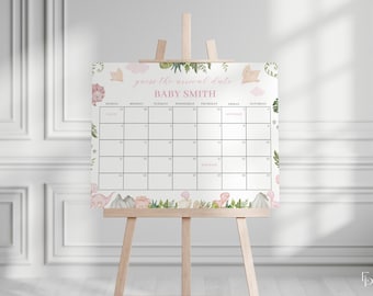 Dinosaur Baby Shower Guess the Due Date Calendar Game Sign Template for Pink Baby Girl Dino Baby Shower Arrival | JAREK Collection