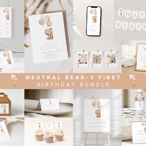 Neutral Beary First Birthday Bundle Template for Beige Balloons & Bear 1st Birthday Invitation Bundle Set | BERDINE Collection