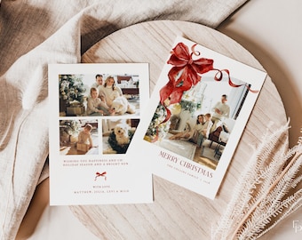 Red Bow Christmas Card Template for Editable Classic Coquette Christmas Holiday Family Photo Card Digital Download | MATTEA Collection