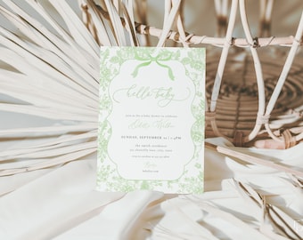 Green Toile De Jouy Baby Shower Invitation Template for Gender Neutral Vintage Bow Chinoiserie Baby Shower Invite | ADALINE Collection
