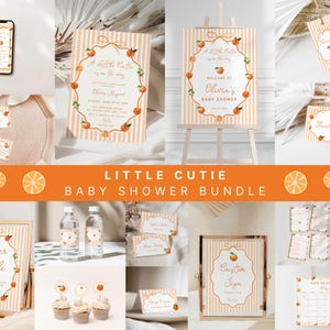 May include: A baby shower bundle with a peach theme. The set includes invitations, signs, and decorations with orange and white striped backgrounds. The text "Little Cutie Baby Shower Bundle" is displayed in orange.