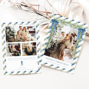 Grandmillenial Christmas Card Template for Velvet Blue Bow & Greenery Christmas Holiday Family Photo Card | NATHANIEL Collection