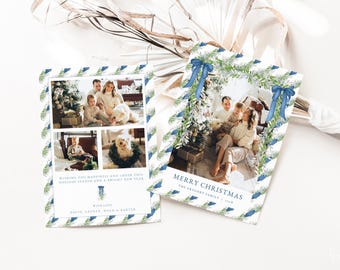 Grandmillenial Christmas Card Template for Velvet Blue Bow & Greenery Christmas Holiday Family Photo Card | NATHANIEL Collection