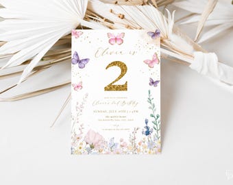 Butterfly Birthday Invitation Template for Gold Pastel Floral Garden Butterfly Girl 2nd Birthday Invite Editable Download | VANNA Collection