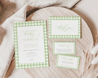 Green Gingham Baby Shower Invitation Bundle Template for Classic Gender Neutral Baby Shower Invite | PRESTON Collection