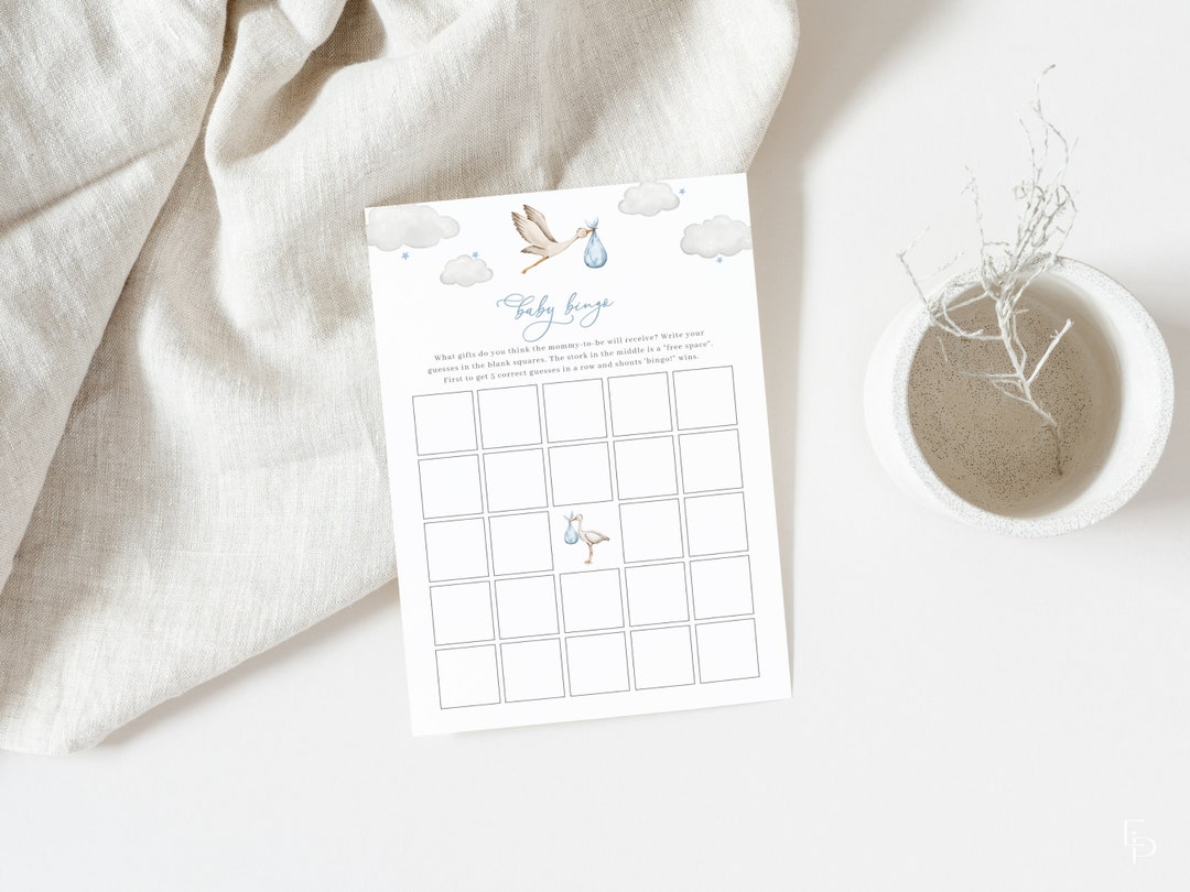 Blue Stork Baby Shower Bingo Game Template for Baby Boy Stork Special ...