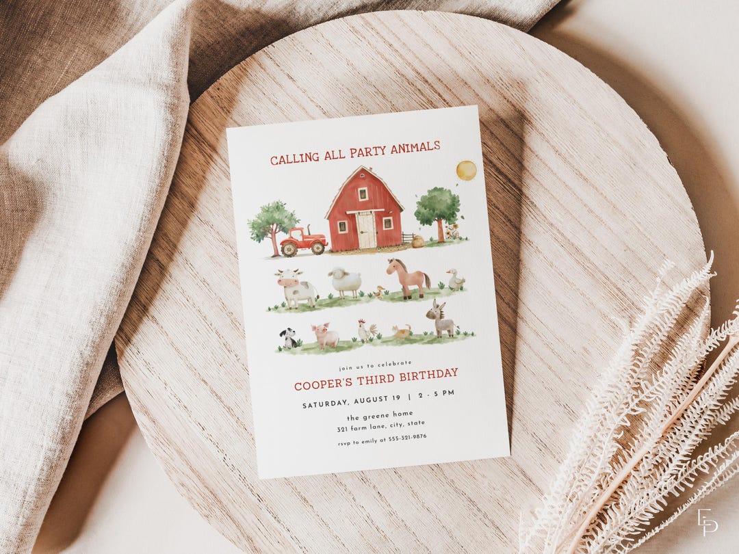 Calling All Party Animals Farm Birthday Invitation Template for ...