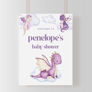 Purple Mythical Dragon Baby Shower Welcome Sign Template for Girl Dragon Baby Shower Poster | BRENNA Collection