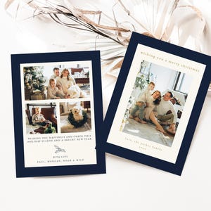 Puede incluir: Dos tarjetas de Navidad con un borde azul marino y un fondo crema. La primera tarjeta presenta un collage de cuatro fotos de una familia con su perro. La segunda tarjeta presenta una foto de la misma familia. El texto de la primera tarjeta dice "Wishing you happiness and cheer this holiday season and a bright new year. With love, Paul, Morgan, Noam & Milo". El texto de la segunda tarjeta dice "Wishing you a merry Christmas. Love, the Parker family".