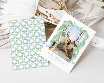 Grandmillenial Blue Christmas Card Template Editable Preppy Chinoiserie Bow Garland Christmas Holiday Family Photo Card | MATTIAS Collection