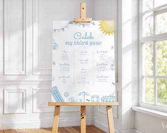 Blue Pool Party Birthday Milestone Board Template for Boy Summer Splish Splash Birthday Milestone Sign Poster | SORLEY Collection