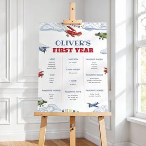 Airplane First Birthday Milestone Board Template for Vintage Plane Boy Airplane 1st Birthday Milestone Sign Poster | PERCY Collection