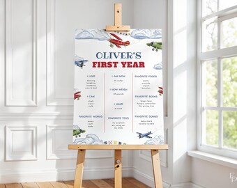 Airplane First Birthday Milestone Board Template for Vintage Plane Boy Airplane 1st Birthday Milestone Sign Poster | PERCY Collection