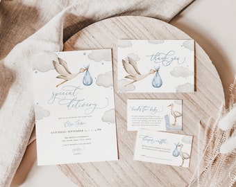 Blue Stork Baby Shower Invitation Bundle Template Boy Special Delivery Baby Stork Baby Shower Invite Digital Download | OZURU Collection