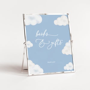 Modern Blue Cloud Books and Gifts Baby Shower Sign Template | ANAN Collection