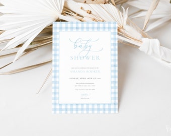 Blue Gingham Baby Shower Invitation Template for Classic Boy Baby Shower Invite | PRESTON Collection