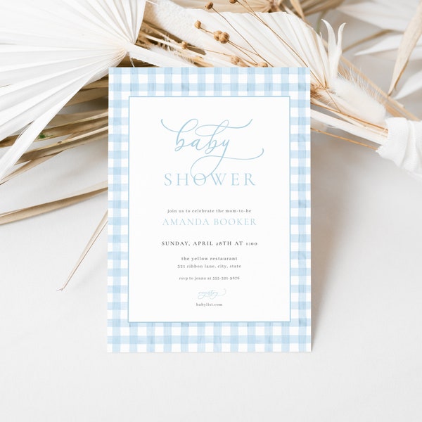 Blue Gingham Baby Shower Invitation Template for Classic Boy Baby Shower Invite | PRESTON Collection