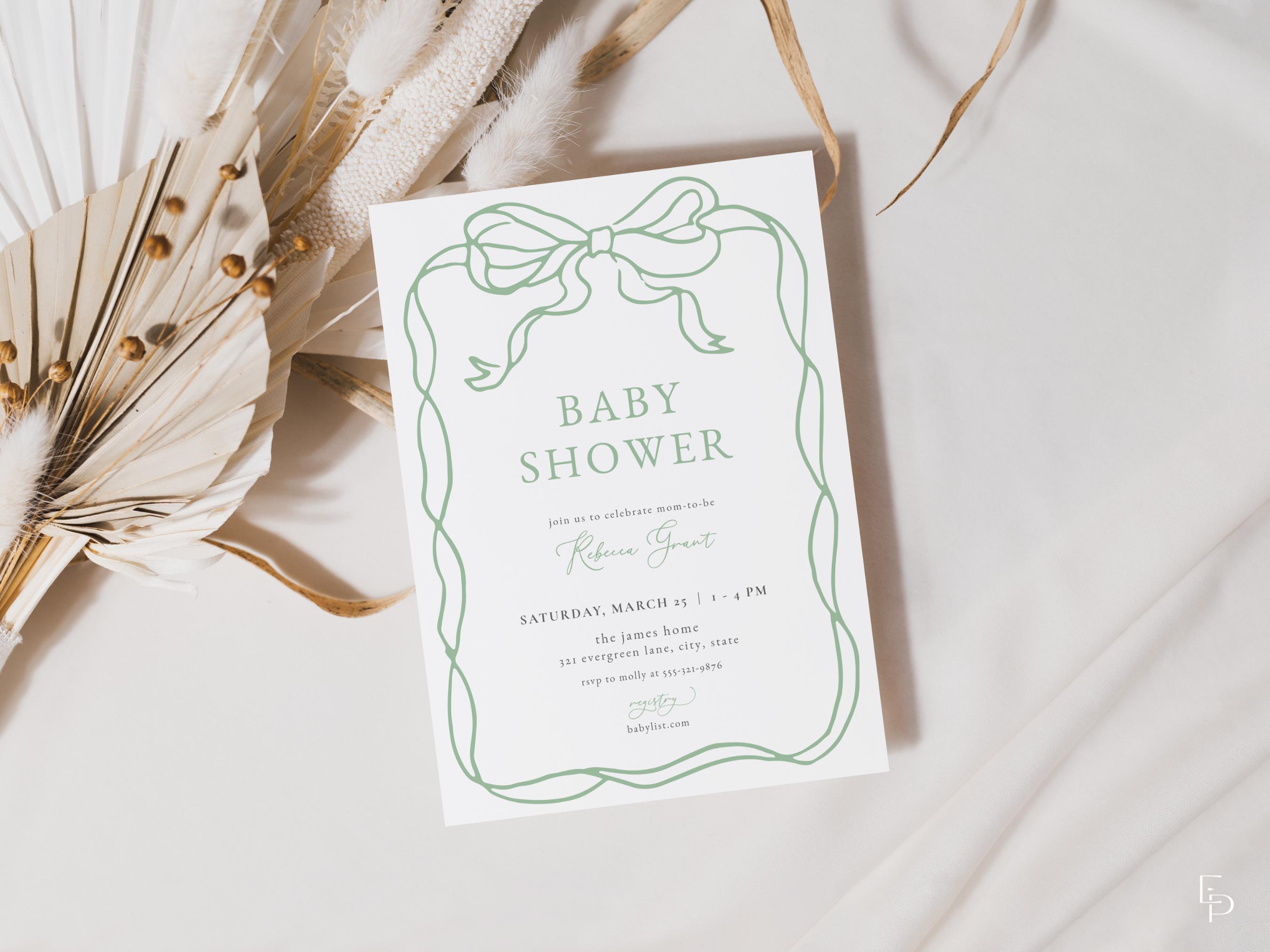 Green Bow Baby Shower Invitation Template for Classic Hand Drawn Ribbon ...