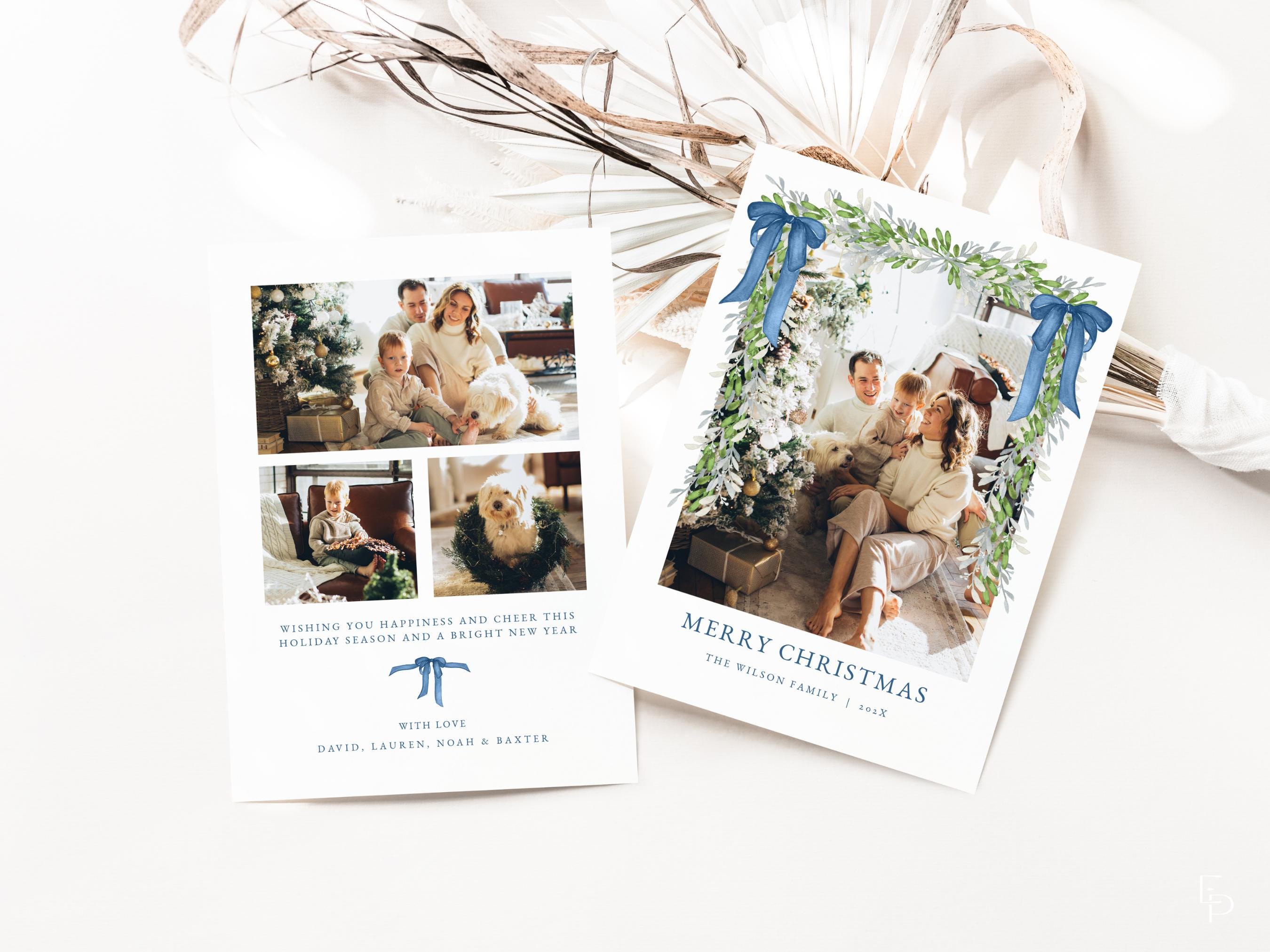 Blue Bow Christmas Card Template for Velvet Blue Bow Garland Christmas Holiday Family Photo Card | NATHANIEL Collection