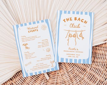 The Bach Club Bachelorette Itinerary Invite Template Editable Doodle Blue Orange Beach Bachelorette Weekend Invitation | HURLEY Collection