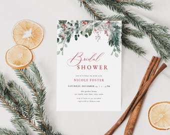 Christmas Bridal Shower Invitation Template for Editable Winter Holiday Red & Green Bridal Shower Invite Digital Download | FENNA Collection