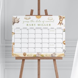 Safari Baby Shower Guess the Due Date Calendar Game Sign Template for Gender Neutral Jungle Animal Baby Shower Arrival | JABARI Collection