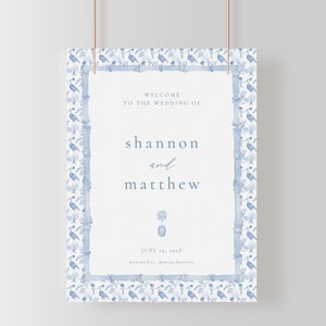 Coastal Grandma Wedding Welcome Sign Template with Blue Chinoiserie | DORIA Collection