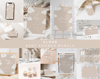 Oh Baby Modern Neutral Cloud Baby Shower Bundle Template for Beige Clouds : Invite, Signs, Games, Card, Favor Tag, Label | ANAN Collection