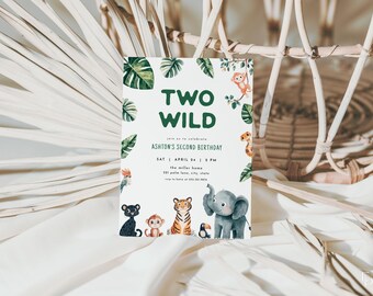 Two Wild Birthday Invitation Template for Jungle Animals 2nd Birthday Jungle Birthday Invite | TAREK Collection