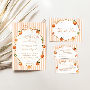 May include: A set of baby shower stationery with a peach and orange theme. The invitation reads "A Little Cutie is on the way." Includes a thank you card, diaper raffle card, and a baby for baby card. The background has peach and white stripes.
