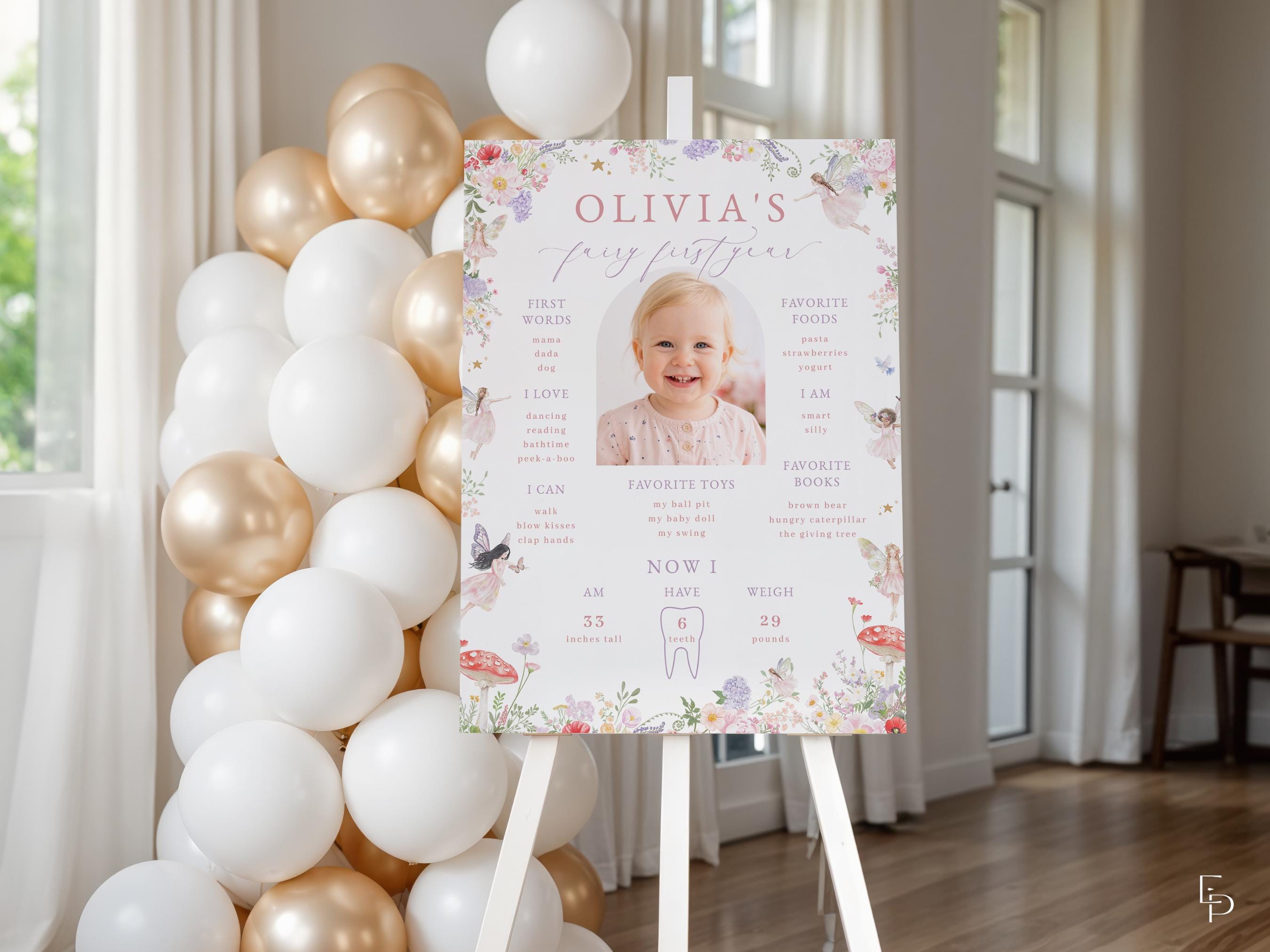 Fairy First Birthday Milestone Board Template Editable Fairy Girl 1st ...