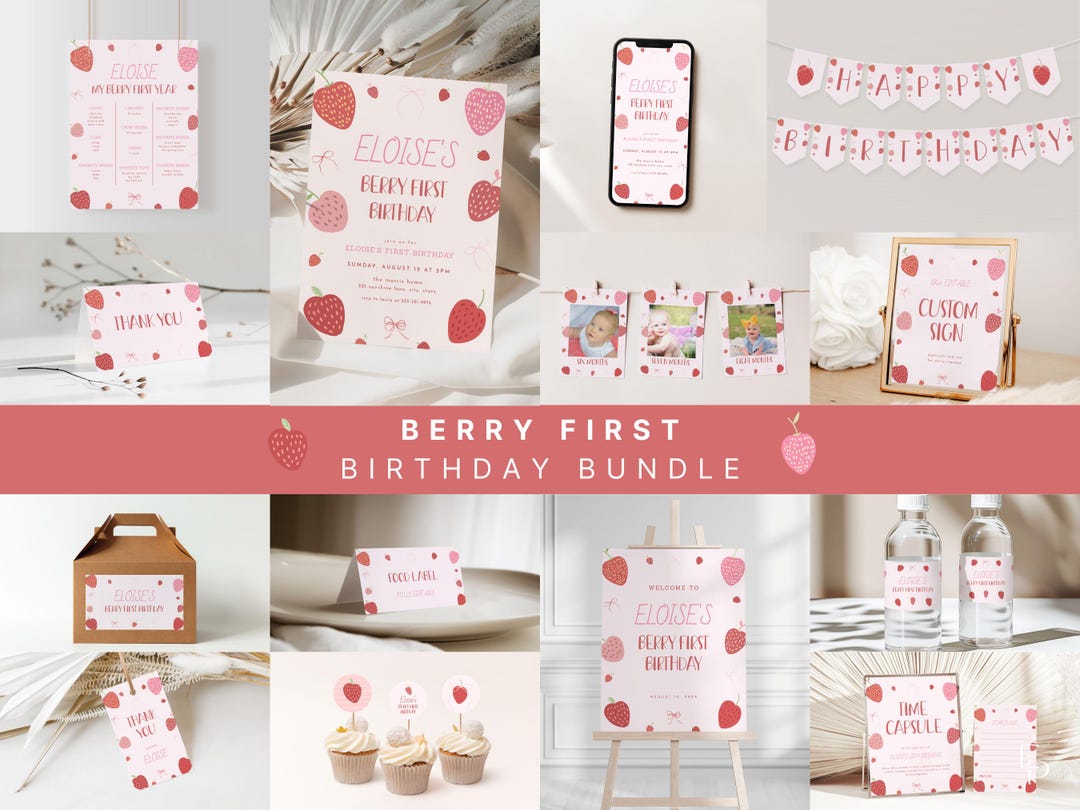 Berry First Birthday Bundle Template for Girl Doodles Bow & Strawberry ...