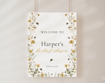 Bride to Bee Bridal Shower Welcome Sign Template for Yellow Wildflower and Honey Bee Bridal Shower Poster | PAMELA Collection