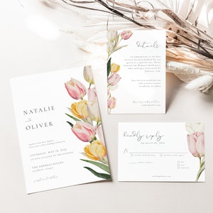 Spring Tulip Wedding Invitation Suite Template with Printable 5x7 Invite, RSVP Card & Details Card | LALEH Collection
