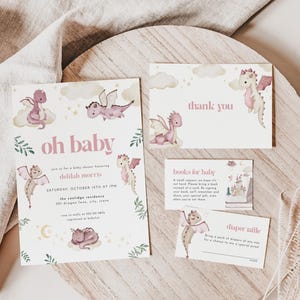 Pink Mythical Dragon Baby Shower Invitation Bundle Template for Girl Fairytale Dragon Baby Shower Invite | BORUTA Collection