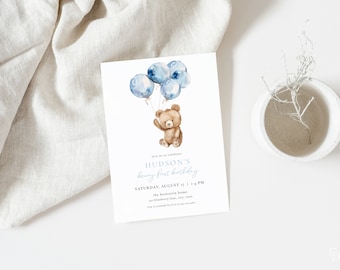 Blue Beary First Birthday Invitation Template for Balloons & Bear Boy 1st Birthday Invite | BERDINE Collection