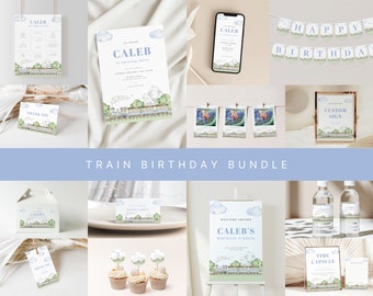 May include: A train-themed birthday party printable bundle with a blue and green color scheme. The bundle includes invitations, thank you cards, food labels, water bottle labels, a welcome sign, a time capsule sign, and a custom sign. The design features a cartoon train with clouds and mountains in the background.