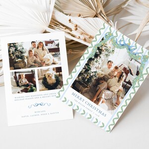 Christmas Garland Photo Holiday Card Template for Two-Sided Holiday Pattern Blue & Green Family Photo Christmas Card | ASENA Collection