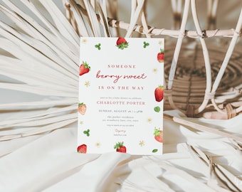 Strawberry Baby Shower Invitation Template Editable Girl Berry Sweet Baby Shower Invite Digital Download | JAGODA Collection