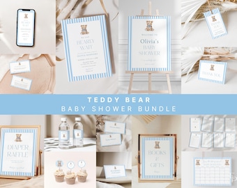 Teddy Bear Baby Shower Invitation Bundle Template for Preppy Blue Stripes Boy Bearly Wait Baby Shower Invite Bundle Set | ARTHUR Collection
