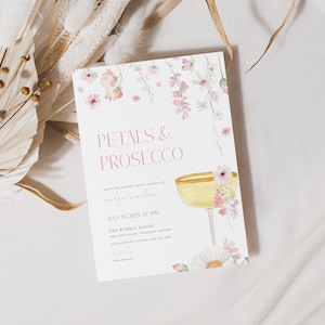 Pastel Pink Floral Petals and Prosecco Bridal Shower Invitation Template | DELLEN Collection