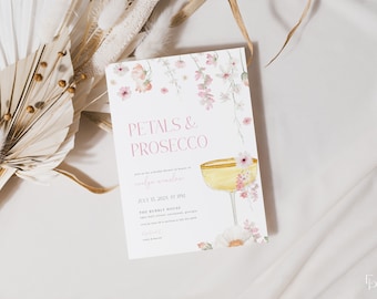 Pastel Pink Floral Petals and Prosecco Bridal Shower Invitation Template | DELLEN Collection