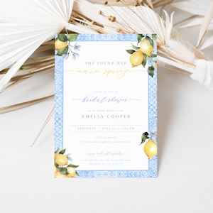 She Found Her Main Squeeze Italian Blue Tiles and Lemon Bridal Shower Invitation Template | ILARIA Collection