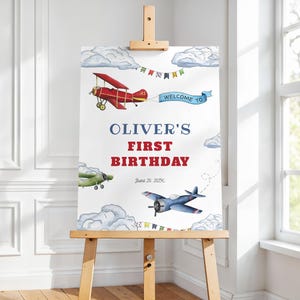 Airplane First Birthday Welcome Sign Template for Vintage Plane Aviation Boy Airplane Time Flies 1st Birthday Poster | PERCY Collection
