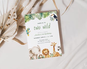 Two Wild Birthday Invitation for Safari Jungle Animals 2nd Birthday Invite | HASINA Collection