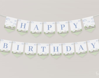 Train Birthday Flag Banner Template for Blue Kids All Aboard Train Birthday Party Printable 5x7 Flag Decorations | HORACE Collection